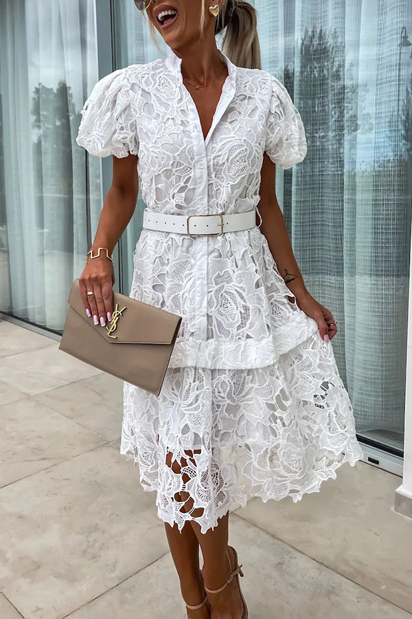 LM | Absolutely Elegant Floral Crochet Lace Puff Sleeve Belted Shirt Midi Dress