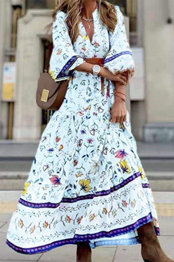 LM | Lavender Flavor Printed Long Sleeve Button A-Line Maxi Dress
