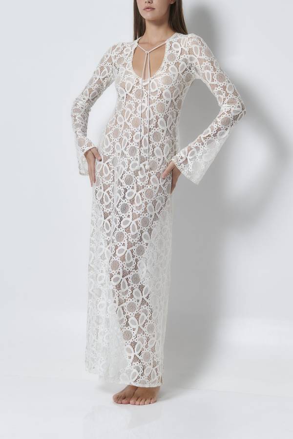 LM | Santorini Sunset Floral Lace Long Sleeve Slit Vacation Maxi Dress