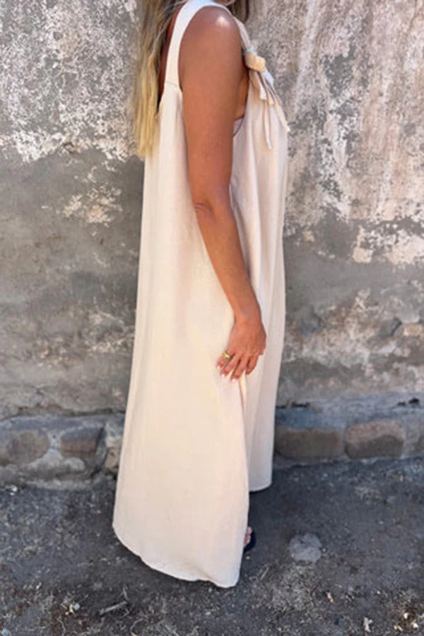 LM | Solid Floral Embellished Sleeveless Loose Maxi Dress