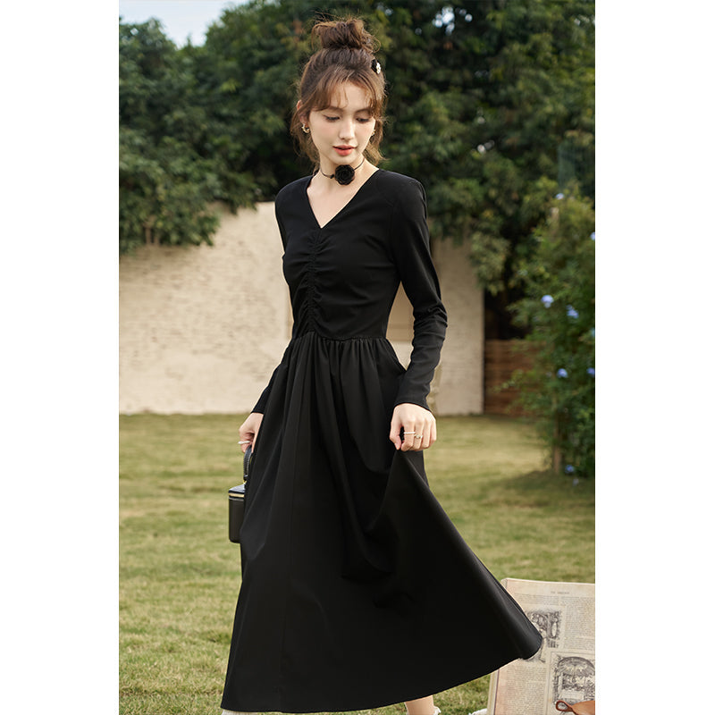 LM | Elegant Black Knitted Smocked V-Neck A-Line Midi Dress