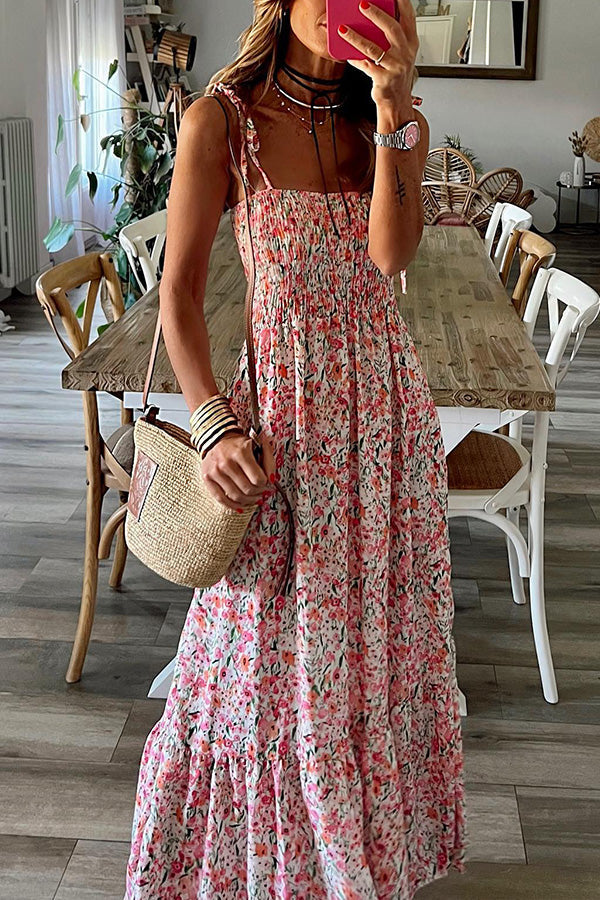 LM | Rubie satin printed strapless elastic back ribbon maxi dress