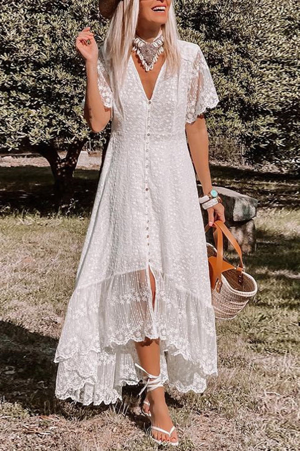 LM | V-neck slim fit dress floral lace midi dress