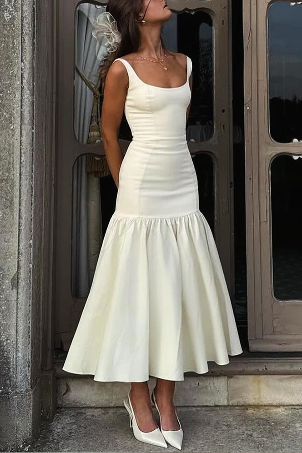 LM | Graceful Silhouette Square Neckline Wide Strap Drop Waist Midi Dress