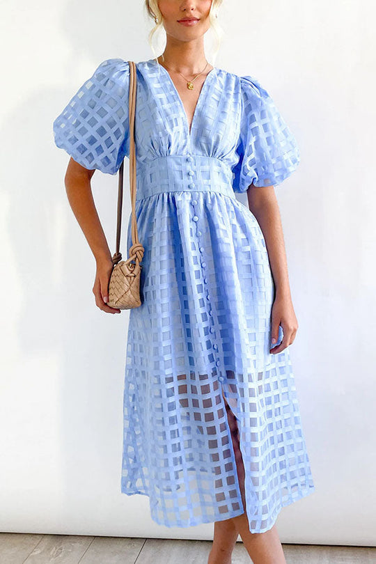 LM | Remarkable Beauty Square Patterned Fabric Puff Sleeve Party Midi Dress