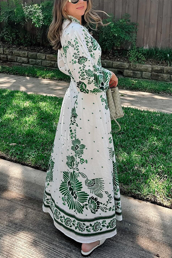 LM | Unique print button down long sleeve shirt maxi dress