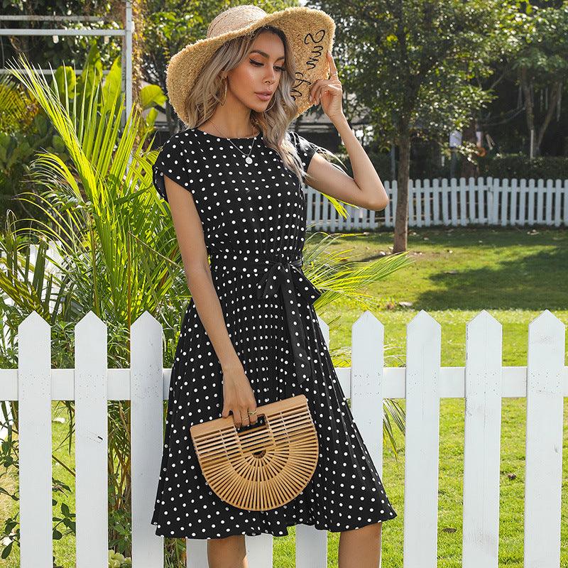 LM | Summer Women Polka Dot Short Sleeve Dress Casual Bandage Party Pleated Midi Dresses Elegant Green Office Lady Clothes