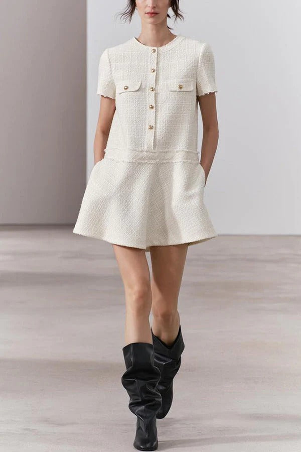 LM | 1960s London Girl tweed textured gold button short sleeve pocketed mini dress