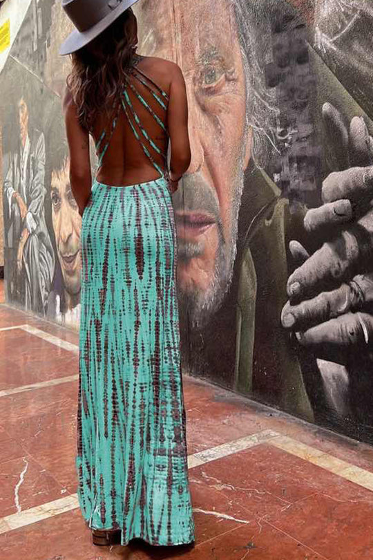 LM | Modern Day Tie-dye Print Back Lace-up Stretch Maxi Dress