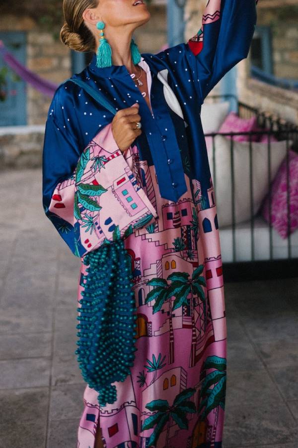 LM | Seaside Stroll Satin Unique Print Button Up Long Sleeve Slit Kaftan Midi Dress
