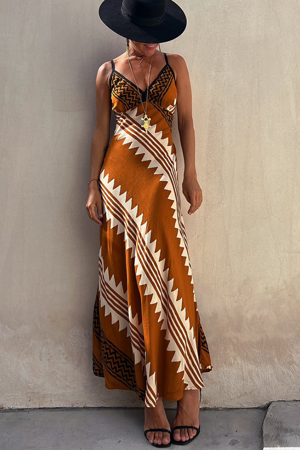 LM | Always Falling Satin Ethnic Print Smocked Back Midi Dress