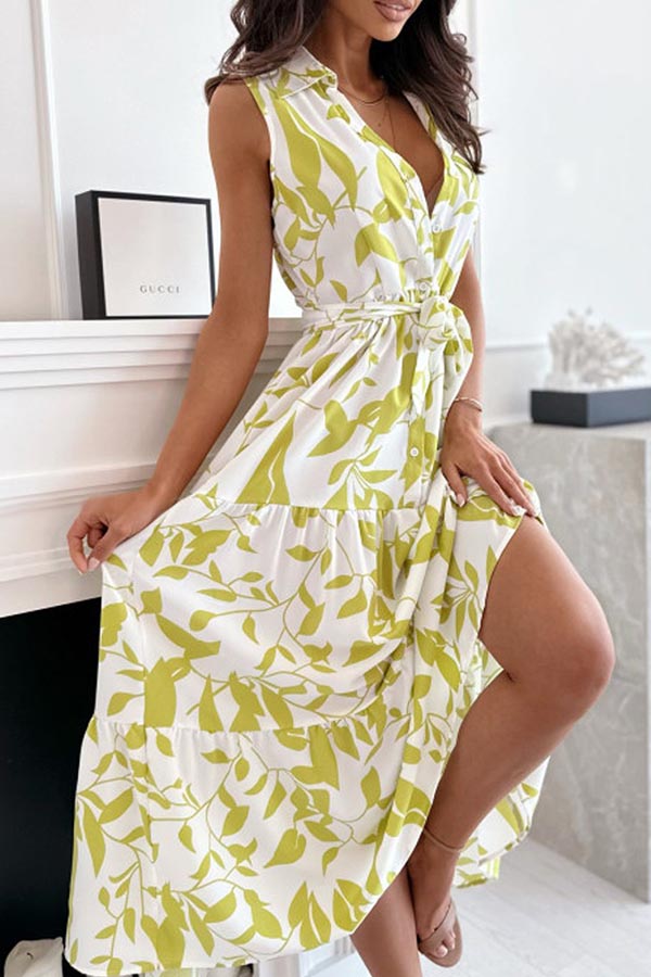 LM | PLANT SILHOUETTE PRINTED BELTED SHIRT MIDI DRESS
