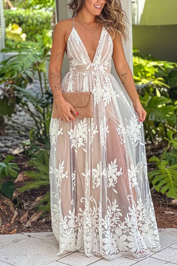 LM | White and Beige Cross Back Floral Tulle Maxi Dress