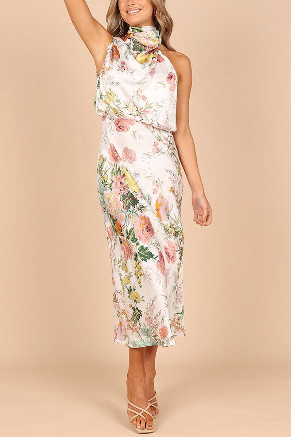 LM | Wine Country Dates Floral Halter Neck Elastic Waist Maxi Dress