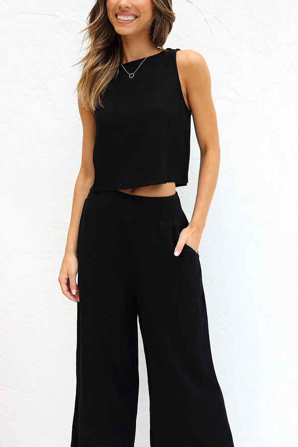 LM | Khiara Basic Button Crop Top and Pocketed Pants Set