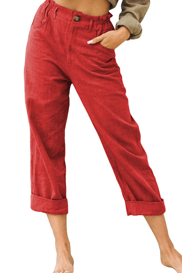 LM | Solid color cotton and linen fashionable loose high waist casual pants
