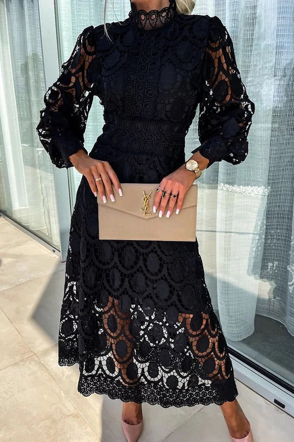 LM | Romantic, Sensual and Elegant Crochet Lace Lantern Sleeve Party Midi Dress