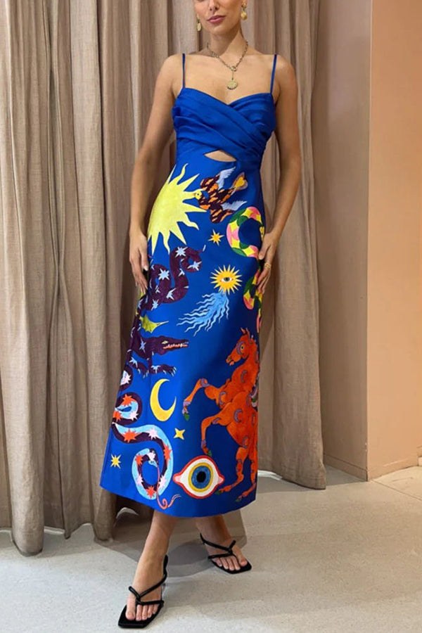 LM | Main Stage Unique Printed Ruffled Cross Over Detail Strap Midi Dress