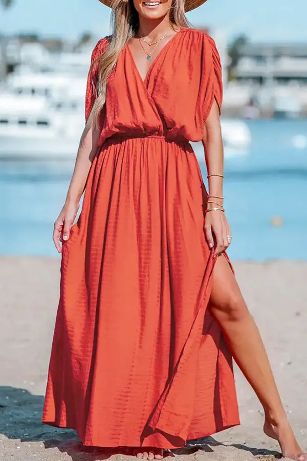 LM | Overcut neckline Split hem Gathered maxi dress