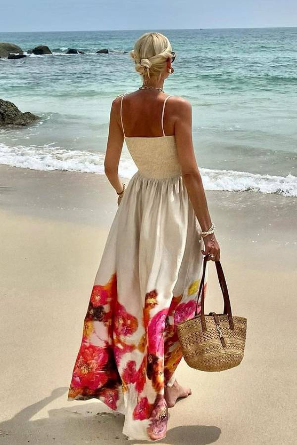 LM | Hidden Garden Satin Floral Print Smocked Off Shoulder Maxi Dress