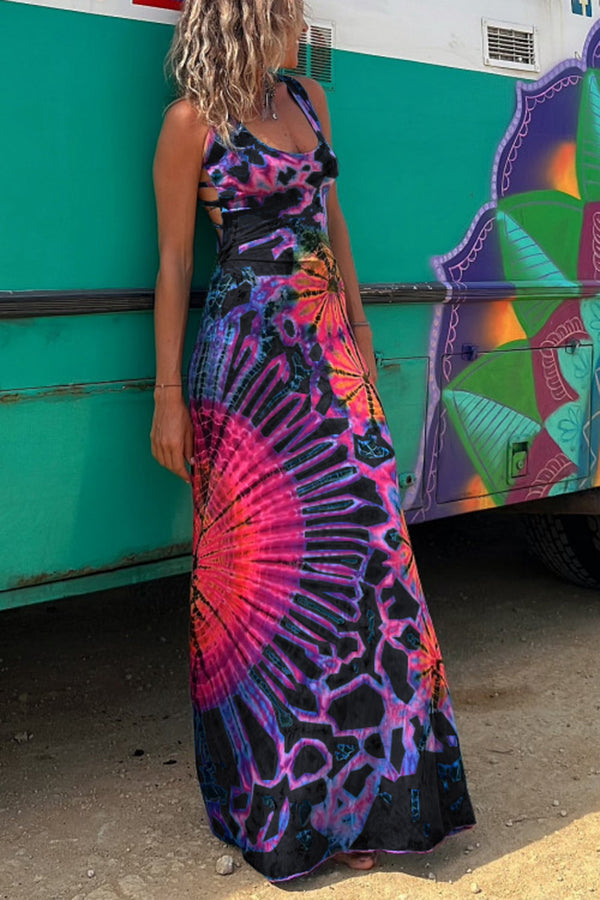 LM | La Bamba tie-dye print back lace-up stretch maxi dress