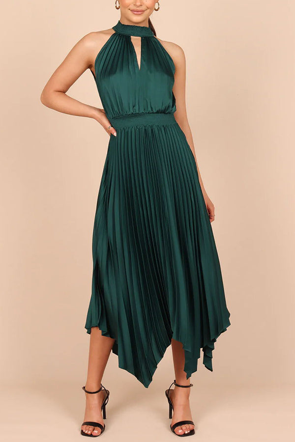 LM | Luxe Look Satin Pleated Halter Elastic Waist Midi Dress