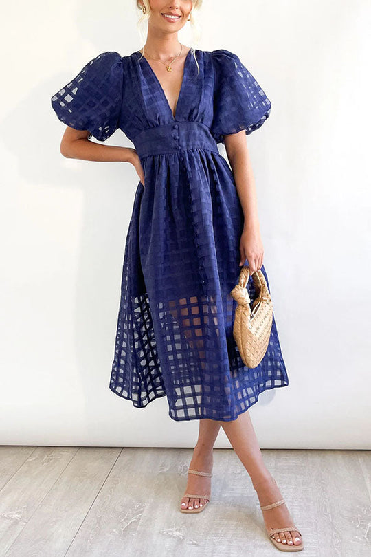 LM | Remarkable Beauty Square Patterned Fabric Puff Sleeve Party Midi Dress