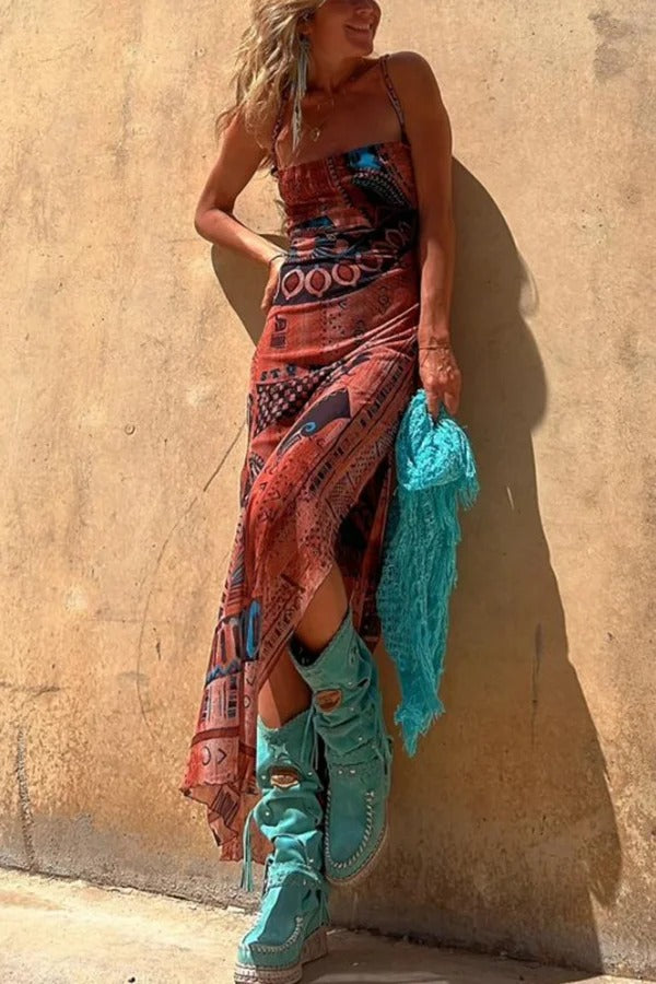 LM | Gypsy Style Unique Print Cowl Neck Back Lace Up Slit Midi Dress
