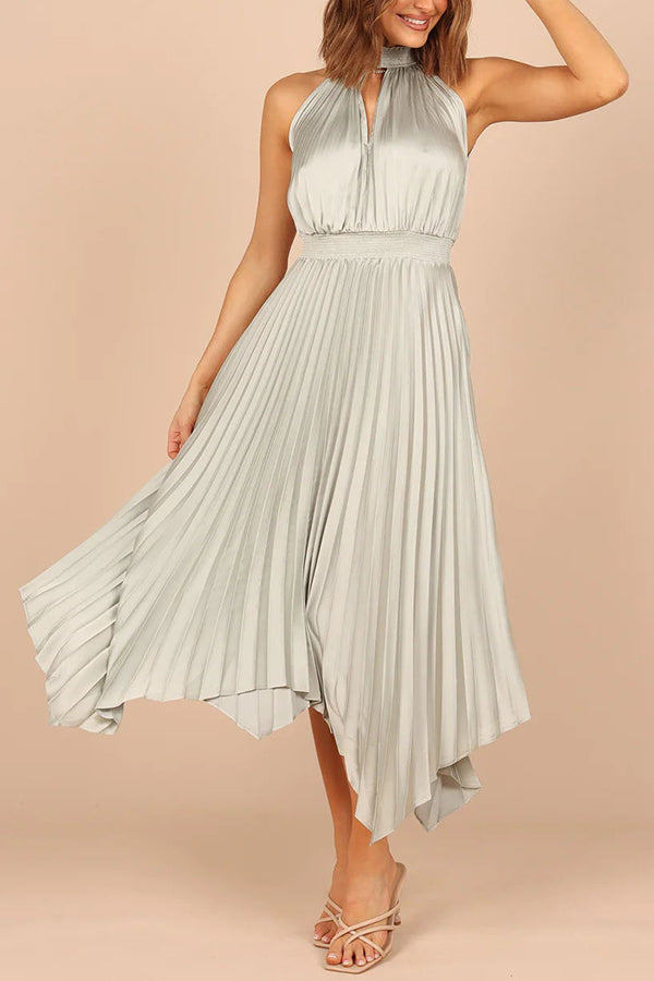 LM | Luxe Look Satin Pleated Halter Elastic Waist Midi Dress