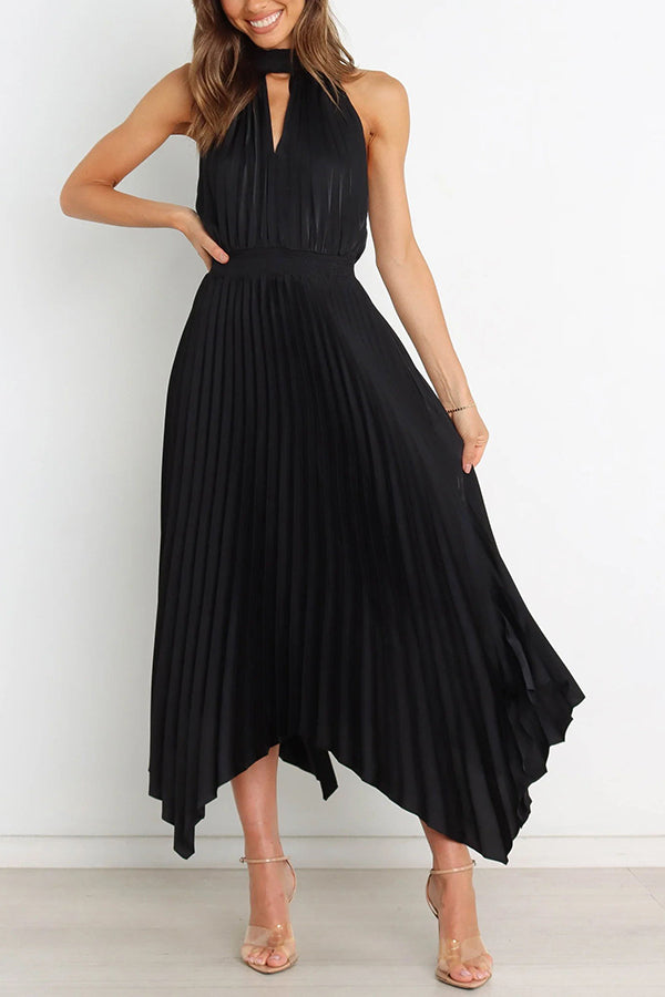 LM | Luxe Look Satin Pleated Halter Elastic Waist Midi Dress