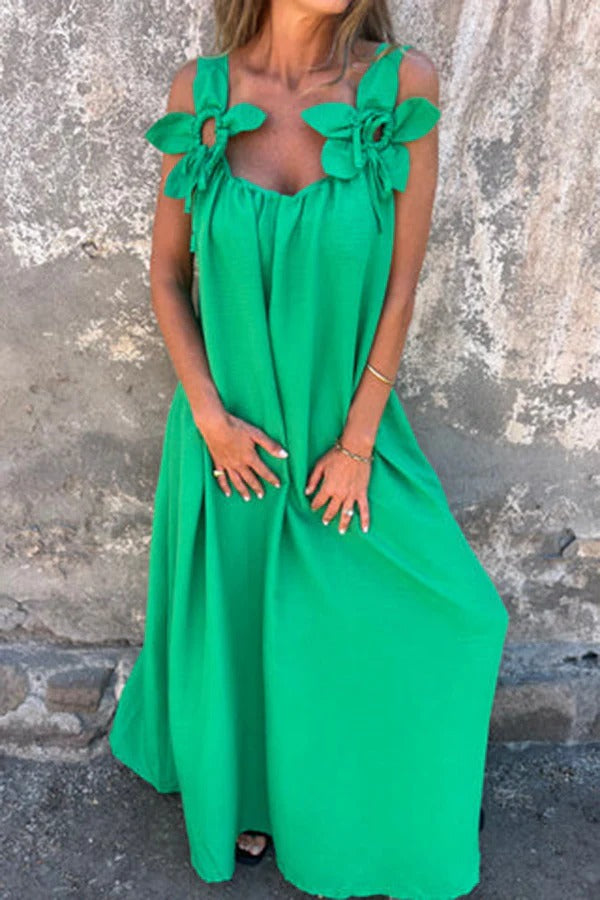 LM | Solid Floral Embellished Sleeveless Loose Maxi Dress