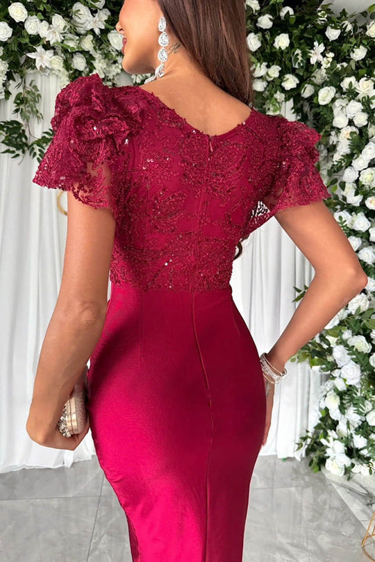 LM | Dreamy luxury lace and satin patchwork ruffle sleeves ruffled midi dress
