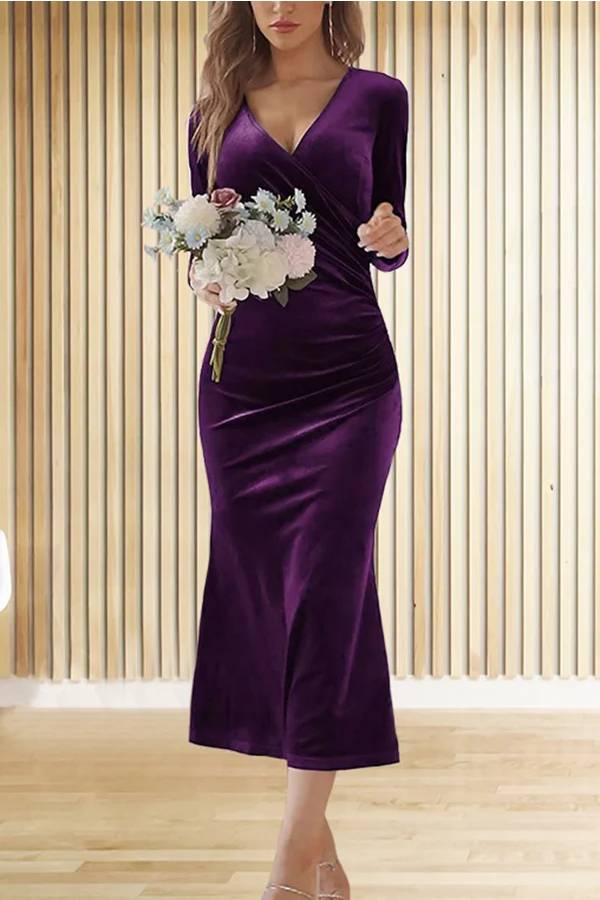 LM | Solid Velvet Long Sleeve V-Neck Slim Fit Fishtail Maxi Dress