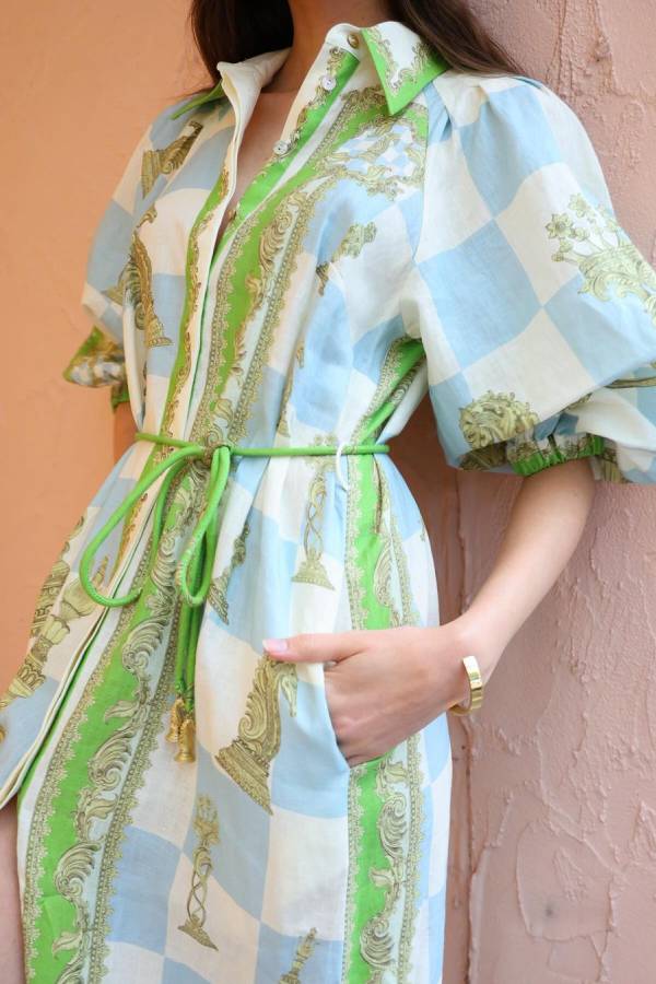 LM | Unique Printed long sleeve shirt midi dress with drawstring pocket