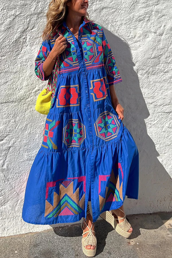 LM | Take Me To Cabo Ethnic Unique Print Button Loose Shirt Midi Dress