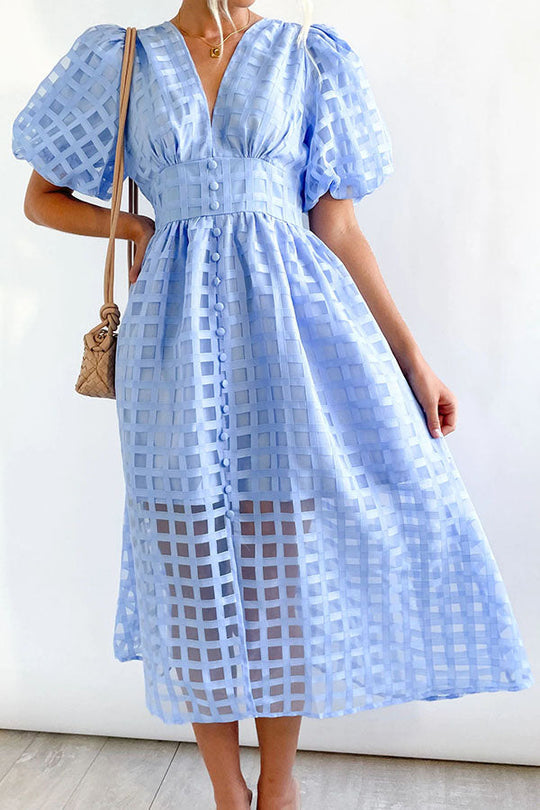LM | Remarkable Beauty Square Patterned Fabric Puff Sleeve Party Midi Dress