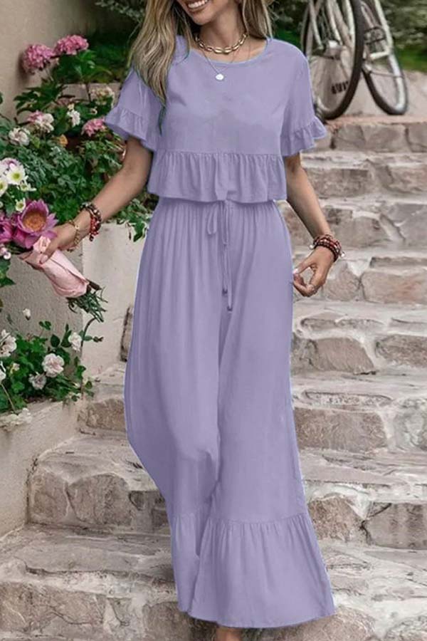 LM | Casual loose monochrome short-sleeved wide leg pants two-piece set