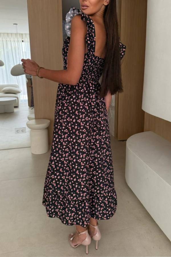 LM | Floral Print Square neckline Pleated back midi dress