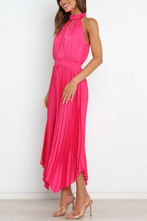 LM | Luxe Look Satin Pleated Halter Elastic Waist Midi Dress