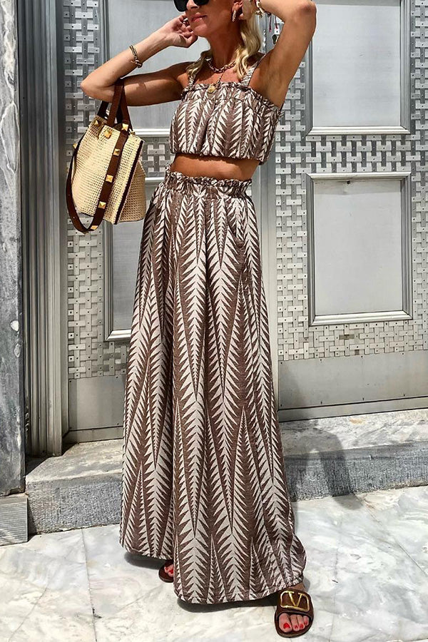 LM | Tropical Island Green Plant Print Brown Camisole Top Wide Pants Suit