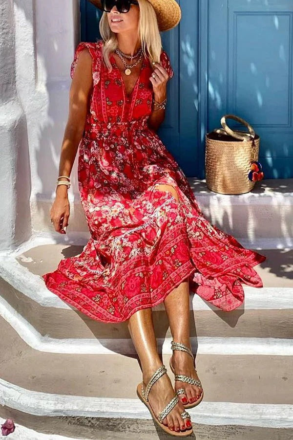 LM | Summer in Greece Boho Print Ruffle Sleeves Elastic Waist High-Low Midi Dress