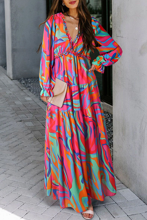 LM | Multicolor floral print ruffle trim low-cut maxi dress