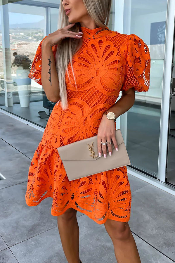 LM | Ever So Sweet Crochet Lace Puff Sleeve Mini Dress