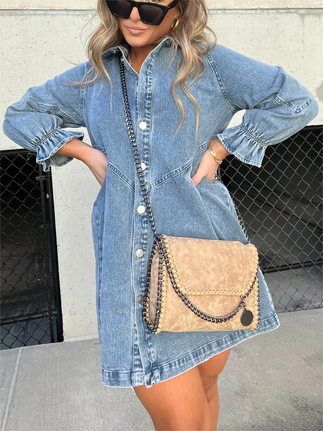 LM | Chic turn-down collar denim midi dress
