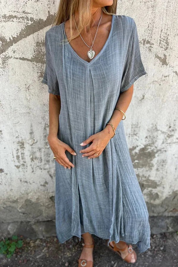 LM | Bayside Bliss linen blend short sleeve pleated loose midi dress