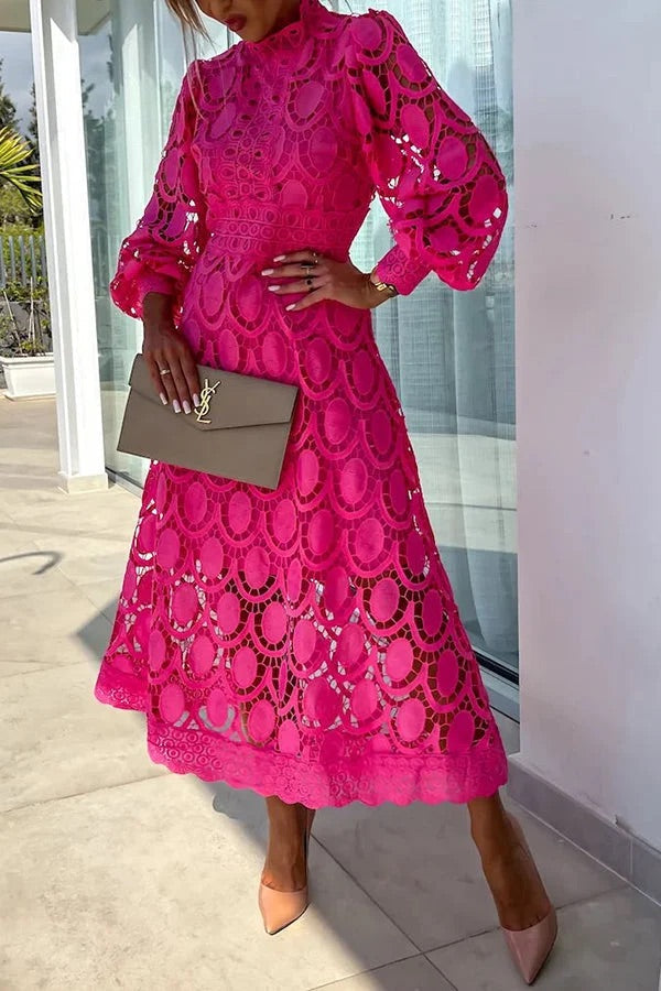 LM | Romantic, Sensual and Elegant Crochet Lace Lantern Sleeve Party Midi Dress