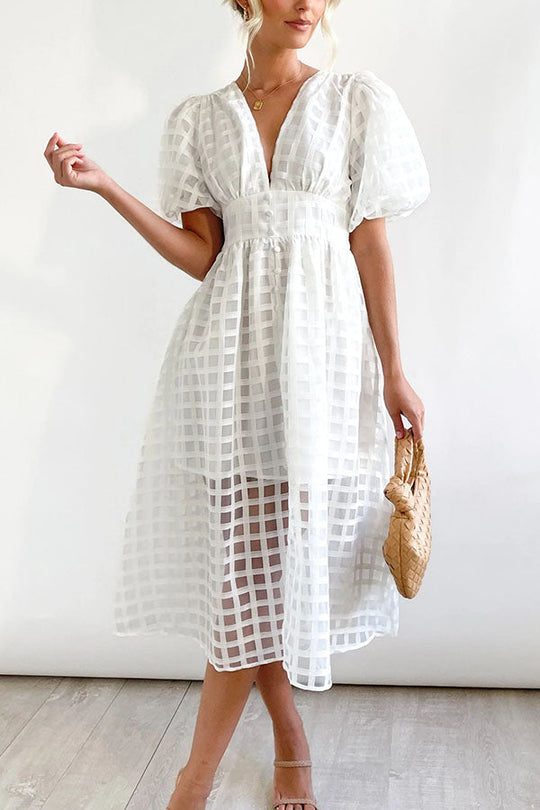 LM | Remarkable Beauty Square Patterned Fabric Puff Sleeve Party Midi Dress