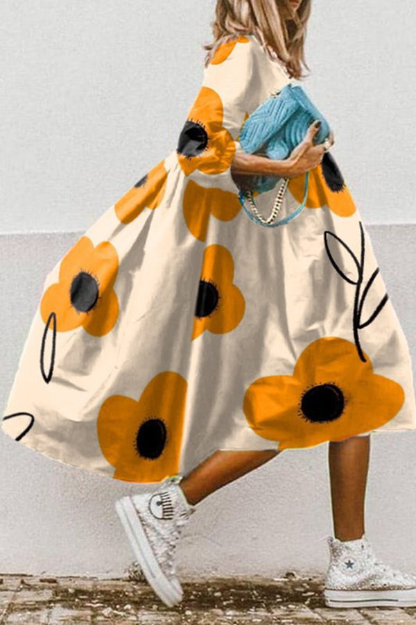 LM | Vintage floral print high low hem A-line midi dress