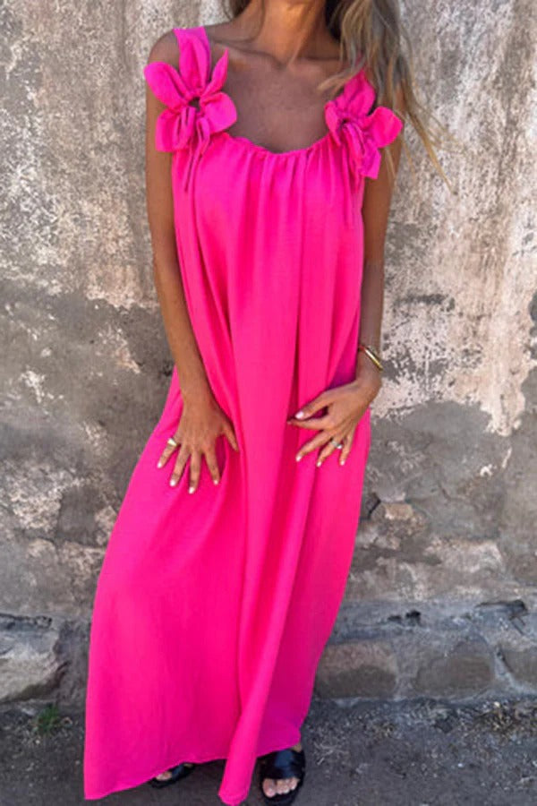 LM | Solid Floral Embellished Sleeveless Loose Maxi Dress