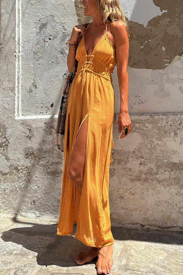 LM | Linen Blend Elastic Waist Halter Backless Pocket Slit Midi Dress